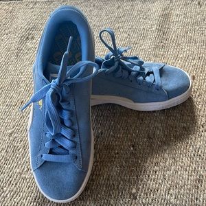 Women’s Puma, light blue, designer sneakers. Suede. Worn once! 8-1/2.